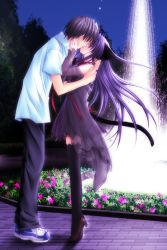 Rule 34 | 1boy, 1girl, animal ears, black hair, black thighhighs, blue eyes, blue hair, cat ears, cat tail, couple, detached sleeves, dress, eye contact, faceless, faceless male, flower, fountain, game cg, goshujinsama, height difference, hetero, high heels, highres, hug, imminent kiss, kiss, long hair, looking at another, night, night sky, open mouth, outdoors, petto, pure pure, ribbon, sakurazawa izumi, see-through, shoes, short dress, short hair, sky, sneakers, standing, tail, thighhighs, tiptoes, tobari (pure pure), very long hair, water, yuuki jun