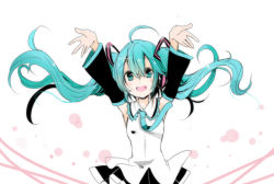 Rule 34 | 1girl, arms up, bad id, bad pixiv id, blush, detached sleeves, green eyes, green hair, hatsune miku, long hair, matching hair/eyes, open mouth, shiroi hakuto, smile, solo, vocaloid