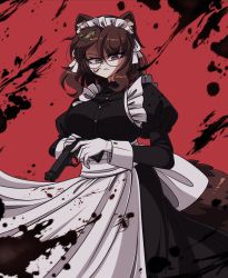 Rule 34 | 1girl, absurdres, animal ears, apron, back bow, black dress, bow, breasts, brown hair, buttons, closed mouth, commentary, commentary request, cowboy shot, dress, english commentary, frilled apron, frills, futatsuiwa mamizou, glasses, gloves, gun, handgun, highres, holding, holding gun, holding weapon, juliet sleeves, large breasts, leaf, leaf on head, littlecloudie, long sleeves, looking at viewer, maid, maid apron, maid day, maid headdress, puffy sleeves, raccoon ears, raccoon tail, red background, round eyewear, serious, short hair, simple background, solo, tail, touhou, upper body, waist apron, weapon, white apron, white bow, white gloves