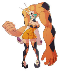 Rule 34 | 1girl, boots, breasts, cerebella (skullgirls), cleavage, detached collar, full body, green hair, green lips, hat, koidrake, large breasts, long sleeves, sidelocks, skirt, skullgirls, smile, solo, standing, thigh boots, vice-versa (skullgirls), white hair, wide hips, wide sleeves