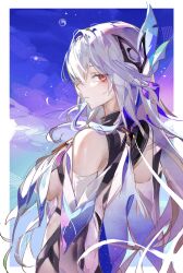 Rule 34 | 1girl, absurdres, bare shoulders, breasts, cocoballking, commentary request, genshin impact, grey hair, hair ornament, highres, large breasts, long hair, looking at viewer, pink eyes, skirk (genshin impact), solo, upper body, very long hair