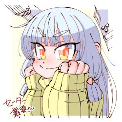 Rule 34 | 1girl, closed mouth, floating headgear, grey hair, hair ribbon, hands on own cheeks, hands on own face, headgear, highres, kantai collection, long hair, long sleeves, murakumo (kancolle), orange eyes, red ribbon, ribbon, shin (shin k009), sidelocks, sweater, thick eyebrows, translation request, tress ribbon, yellow sweater