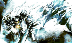 Rule 34 | armor, battle, blurry, cannon, chest cannon, clenched hand, energy cannon, fighting, fighting stance, gipsy danger, glowing, jaeger (pacific rim), kaijuu, legendary pictures, machinery, mecha, monochrome, monster, motion blur, no humans, nuclear vortex turbine, pacific rim, pan pacific defense corps, paparaya, perspective, robot, science fiction, signature, simple background, smoke, splashing, sword, water, weapon
