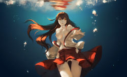 Rule 34 | 10s, 1girl, air bubble, akagi (kancolle), breasts, breasts apart, brown eyes, brown hair, bubble, collarbone, cowboy shot, floating hair, hair between eyes, hakama, hakama short skirt, hakama skirt, highres, japanese clothes, kantai collection, kimono, lips, lipstick, long hair, looking at viewer, loose clothes, makeup, medium breasts, nipples, no bra, no panties, nontraditional miko, off shoulder, open clothes, open kimono, open skirt, outstretched arm, parted lips, reaching, reaching towards viewer, red skirt, skirt, solo, straight hair, thigh gap, unbuttoned, underwater, unfastened, upskirt, very long hair, yaozhiligenius, yellow eyes