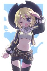 Rule 34 | 1girl, ;d, arm up, black hat, black jacket, black shorts, blonde hair, blue sky, breasts, cloud, commentary request, crop top, cropped jacket, day, grey eyes, hair between eyes, hat, highres, jacket, long sleeves, looking at viewer, midriff, naga u, navel, one eye closed, open clothes, open jacket, open mouth, short shorts, shorts, sky, small breasts, smile, solo, sonolar, summon night, summon night 3, turtleneck