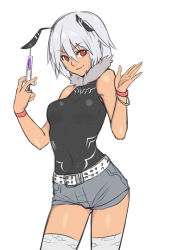 Rule 34 | 1girl, antennae, breasts, houtengeki, looking at viewer, red eyes, short hair, simple background, smile, solo, white background