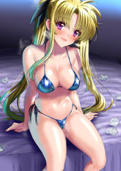 Rule 34 | 1girl, bikini, blonde hair, blue bikini, blush, breasts, commentary request, fate testarossa, large breasts, long hair, looking at viewer, lyrical nanoha, mahou shoujo lyrical nanoha, navel, red eyes, sen (sansui), shiny clothes, shiny skin, smile, solo, swimsuit, thighs, twintails, used tissue