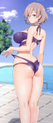 Rule 34 | 1girl, ass, bikini, blue eyes, breasts, brown hair, day, from behind, gridman universe, highres, kippuru, kneepits, large breasts, looking at viewer, looking back, mujina, outdoors, purple bikini, shiny clothes, shiny skin, short hair, skindentation, solo, ssss.dynazenon, standing, strap pull, swimsuit, wet