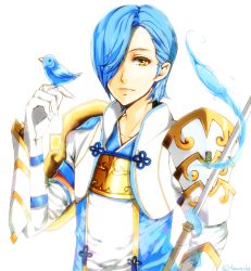 Rule 34 | 1boy, arerecle2, artist name, bird, blue hair, fire emblem, fire emblem fates, gloves, hair over one eye, lance, male focus, nintendo, polearm, shigure (fire emblem), simple background, solo, water, weapon, white background, yellow eyes