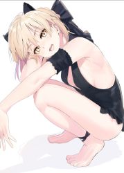 Rule 34 | 1girl, armband, artoria pendragon (alter swimsuit rider) (fate), artoria pendragon (alter swimsuit rider) (first ascension) (fate), artoria pendragon (fate), barefoot, black one-piece swimsuit, blonde hair, bow, braid, cleavage cutout, clothing cutout, fate/grand order, fate (series), french braid, hair bow, highres, kerorira, looking at viewer, one-piece swimsuit, open mouth, solo, squatting, swimsuit, white background, yellow eyes