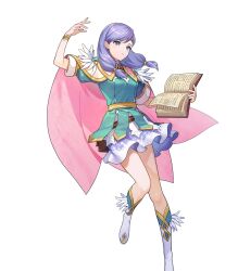 Rule 34 | 1girl, alternate costume, belt pouch, book, boots, cape, circlet, closed mouth, dress, expressionless, feather trim, fire emblem, fire emblem: radiant dawn, fire emblem heroes, fur trim, gold trim, gradient clothes, hair ornament, highres, holding, holding book, ilyana (fire emblem), jewelry, knee boots, leg up, long hair, nintendo, non-web source, official alternate costume, official art, open book, pouch, purple eyes, purple hair, short dress, short sleeves, skirt, solo, standing, transparent background, urata asao, wrist cuffs