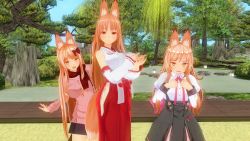 Rule 34 | 3d, 3girls, absurdres, animal ears, breasts, custom maid 3d 2, family, fox ears, fox tail, highres, japanese clothes, kimono, kitsune, large breasts, miko, mother and daughter, multiple girls, open mouth, orange eyes, orange hair, siblings, sisters, tail