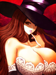 Rule 34 | 1girl, bare shoulders, breasts, brown eyes, brown hair, cleavage, curvy, detached sleeves, dragon&#039;s crown, dress, finger to mouth, hane (hanegoya), hane (megaraba), hat, huge breasts, long hair, naughty face, open mouth, solo, sorceress (dragon&#039;s crown), strapless, strapless dress, upper body, vanillaware, witch, witch hat