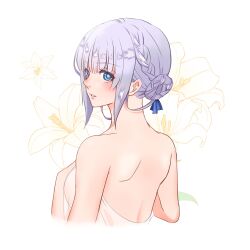 Rule 34 | 1girl, blue eyes, blush, braid, breasts, flower, highres, laeticia aucerius, looking at viewer, mayashtale, medium breasts, short hair, simple background, solo, star ocean, star ocean the divine force, white background, white hair