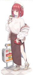 Rule 34 | 1girl, absurdres, air jordan 4, alternate hair length, alternate hairstyle, bag, blunt bangs, braid, breasts, brown skirt, choker, cloba, closed mouth, commentary, cup, disposable cup, english commentary, english text, handbag, hat, heterochromia, highres, holding, holding bag, holding cup, hololive, houshou marine, jacket, large breasts, long sleeves, looking at viewer, miniskirt, open clothes, open jacket, pleated skirt, red eyes, red hair, shoes, short hair, simple background, skirt, sneakers, socks, solo, standing, steam, sweater, thighs, tile floor, tiles, virtual youtuber, white background, white hat, white jacket, white socks, white sweater, yellow eyes
