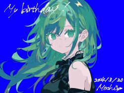 Rule 34 | 1girl, artist name, bare shoulders, birthday, black bow, black bowtie, black shirt, blue background, bow, bowtie, clothing cutout, dated, english text, frilled shirt collar, frills, green eyes, green hair, hair between eyes, highres, long hair, looking at viewer, mochu (aoishikabane), original, parted lips, shirt, shoulder cutout, sidelocks, simple background, solo, tsurime, upper body