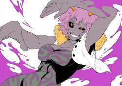 Rule 34 | 10s, 1girl, arm up, armpits, ashido mina, black sclera, boku no hero academia, breasts, buttons, cleavage, collarbone, colored sclera, colored skin, covered navel, cowboy shot, dutch angle, female focus, fingernails, flat color, foreshortening, fur trim, grey skin, grin, horns, iro marimo, large breasts, long fingernails, looking at viewer, nail polish, open clothes, open vest, orange eyes, outstretched arm, pink hair, purple nails, purple skin, short hair, simple background, smile, solo, taut clothes, unbuttoned, uneven eyes, unitard, vest, white background