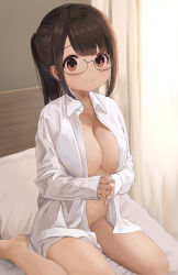 Rule 34 | 1girl, black-framed eyewear, black hair, blush, bottomless, breasts, brown eyes, cleavage, closed mouth, collared shirt, commentary request, curtains, day, dress shirt, glasses, large breasts, long hair, mimikaki (men bow), naked shirt, on bed, open clothes, open shirt, original, pillow, ponytail, semi-rimless eyewear, shirt, sitting, smile, solo, sunlight, under-rim eyewear, wariza, white shirt