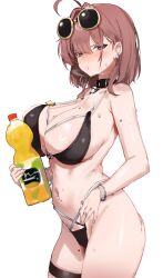 1girl absurdres ahoge barbell_piercing bare_shoulders bikini black_bikini blue_eyes blush bottle breasts brown_hair cleavage collar cowboy_shot ear_piercing eyewear_on_head highres holding holding_bottle industrial_piercing jewelry krabking large_breasts medium_hair mole mole_on_breast mole_on_stomach mole_on_thigh mole_under_mouth multiple_rings navel navel_piercing original piercing ring short_hair simple_background solo star_(symbol) sunglasses sweat swimsuit thigh_strap v-shaped_eyebrows white_background wristband yellow-framed_eyewear