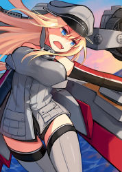 Rule 34 | 10s, 1girl, bare shoulders, bismarck (kancolle), blonde hair, blue eyes, breasts, detached sleeves, evening, gloves, grey thighhighs, hair between eyes, hat, kantai collection, large breasts, long hair, looking to the side, machinery, military, military hat, military uniform, mujun atama, ocean, open mouth, peaked cap, rigging, solo, teeth, thighhighs, uniform