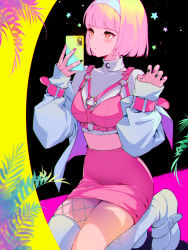Rule 34 | 1girl, absurdres, asymmetrical legwear, boots, cellphone, crop top, fishnets, hairband, hands up, highres, holding, holding phone, kneeling, looking at phone, minj kim, nail polish, o-ring, o-ring top, orange eyes, original, paw pose, pencil skirt, phone, pink hair, short hair, skirt, sleeves past wrists, smartphone, solo, thighhighs, uneven legwear