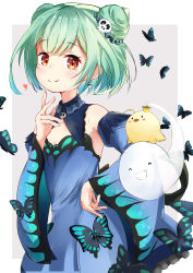 Rule 34 | 1girl, absurdres, animal print, bird, blue dress, blue sleeves, blush, bow, brooch, butterfly print, chick, closed mouth, detached collar, detached sleeves, double bun, dress, dress bow, earrings, fandead (uruha rushia), fingernails, flat chest, green hair, hair bun, hair ornament, hand on own hip, highres, hololive, jewelry, juliet sleeves, long sleeves, looking at viewer, piyoko (uruha rushia), puffy sleeves, short dress, short hair, skull brooch, skull earrings, skull hair ornament, smile, solo, spice mega, strapless, strapless dress, uruha rushia, uruha rushia (1st costume), virtual youtuber, wide sleeves