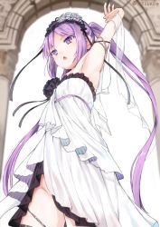 Rule 34 | 1girl, ancient greek clothes, arc de triomphe, armpits, euryale (fate), fate/grand order, fate (series), female focus, greco-roman clothes, long hair, matching hair/eyes, no panties, outdoors, purple eyes, purple hair, solo, twintails, very long hair