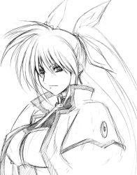 Rule 34 | 00s, 1girl, greyscale, hagane soushi, hair ribbon, jacket, long hair, lyrical nanoha, magical girl, mahou shoujo lyrical nanoha, mahou shoujo lyrical nanoha strikers, monochrome, open clothes, open jacket, ribbon, sketch, solo, takamachi nanoha, takamachi nanoha (exceed mode), twintails, upper body, very long hair, white devil