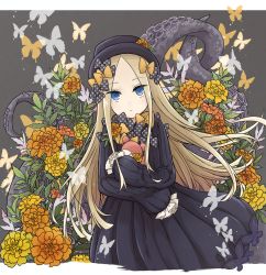 Rule 34 | 1girl, abigail williams (fate), absurdres, black bow, black dress, black hat, blonde hair, blue eyes, blush, bow, brown flower, bug, butterfly, closed mouth, commentary request, dress, fate/grand order, fate (series), flower, forehead, grey background, hair bow, hana pur24, hat, highres, hugging object, insect, long hair, long sleeves, orange bow, orange flower, parted bangs, polka dot, polka dot bow, sleeves past fingers, sleeves past wrists, solo, stuffed animal, stuffed toy, suction cups, teddy bear, tentacles, very long hair, yellow flower
