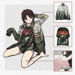 Rule 34 | 1girl, akira (manga), alternate costume, asymmetrical hair, bad link, bad source, bags under eyes, bare legs, brown eyes, brown hair, cameo, frown, full body, gradient clothes, gradient jacket, green jacket, hair ornament, iwakura lain, jacket, looking to the side, messy hair, no pants, oversized clothes, oversized shirt, pale skin, parted bangs, serial experiments lain, shirt, short hair, sidelocks, single sidelock, sitting, sleeves past fingers, sleeves past wrists, solo, thighs, wariza, white jacket, windbreaker, zipper