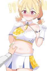 Rule 34 | !?, 1girl, ?, @ @, absurdres, ahoge, belly grab, blonde hair, blue archive, blush, braid, breasts, cleavage, closed mouth, collarbone, cowboy shot, crop top, ear blush, gloves, hair between eyes, halo, highres, kotori (blue archive), kotori (cheer squad) (blue archive), large breasts, long hair, looking at viewer, midriff, millennium cheerleader outfit (blue archive), miniskirt, muffin top, navel, out of frame, pinching, pleated skirt, plump, red eyes, signature, simple background, skirt, solo focus, sweat, tamaki (tamaki-sh), triangle halo, twintails, v-shaped eyebrows, white background, white gloves, white skirt, yellow halo