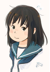 Rule 34 | 1girl, alternate hairstyle, black eyes, blush, brown hair, chii-kun (seedyoulater), flying sweatdrops, fubuki (kancolle), hair down, kantai collection, looking at viewer, medium hair, portrait, sailor collar, signature, simple background, sketch, solo