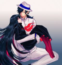 Rule 34 | 1boy, 1girl, black eyes, black hair, carrying, fate/grand order, fate (series), fedora, gloves, grin, hair over one eye, hat, highres, long hair, long skirt, low ponytail, oryou (fate), princess carry, red eyes, red legwear, sakamoto ryouma (fate), scarf, skirt, smile, very long hair, white gloves