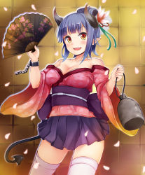 Rule 34 | 1girl, bare shoulders, blue hair, blush, breasts, cleavage, demon girl, demon tail, female focus, flower, folded ponytail, folding fan, hair flower, hair ornament, hand fan, highres, horns, irohara, large breasts, looking at viewer, obi, open mouth, original, petals, pointy ears, red eyes, sash, smile, solo, tail, thighhighs, white thighhighs, zettai ryouiki