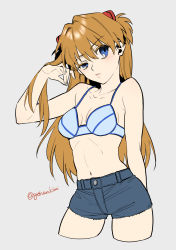 Rule 34 | 1girl, artist request, blue eyes, bra, breasts, denim, denim shorts, evangelion: 2.0 you can (not) advance, hand in own hair, highres, interface headset, lips, long hair, looking at viewer, navel, neon genesis evangelion, orange hair, rebuild of evangelion, short shorts, shorts, simple background, solo, souryuu asuka langley, standing, twintails, twitter username, two side up, underwear, upper body