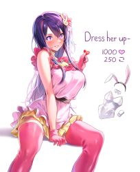 Rule 34 | 1girl, absurdres, between legs, blush, dress, english text, frills, gloves, hair between eyes, hair ornament, hand between legs, heart, highres, hoshino ai (oshi no ko), idol, idol clothes, leotard, long hair, looking at viewer, machulanko, meme, open mouth, oshi no ko, pink dress, pink gloves, playboy bunny, purple eyes, purple hair, rabbit hair ornament, sidelocks, simple background, smile, solo, spread legs, star-shaped pupils, star (symbol), symbol-shaped pupils, twitter strip game (meme), white background