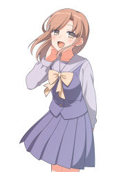 Rule 34 | 1girl, :d, arm behind back, blue skirt, blue vest, blush, bow, brown eyes, hand up, kisaragi hina, light brown hair, long hair, looking at viewer, open mouth, original, school uniform, serafuku, simple background, skirt, smile, standing, uniform, vest, white background, yellow bow