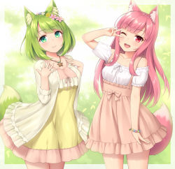 Rule 34 | 2girls, ;d, animal ears, blunt bangs, breasts, closed mouth, cowboy shot, dress, fox ears, green eyes, green fox (sasaame), green hair, highres, long hair, medium breasts, medium hair, multiple girls, one eye closed, open mouth, original, outdoors, pink eyes, pink fox (sasaame), pink hair, sasaame, smile, v over eye, yellow dress