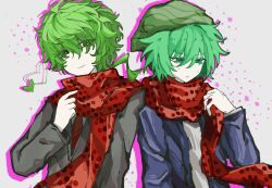 Rule 34 | 2boys, blue jacket, chinese commentary, closed mouth, commentary request, green eyes, green hair, grey jacket, heart, highres, hiyori sou, jacket, jiekuijiangshadaonijiamenkou, kimi ga shine, long sleeves, male focus, midori (kimi ga shine), multiple boys, necktie, no nose, open clothes, open jacket, pale skin, red necktie, red scarf, scarf, shirt, short hair, smile, sweat, white shirt