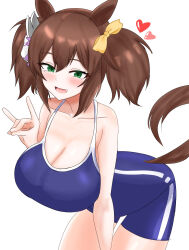Rule 34 | 1girl, animal ears, blue one-piece swimsuit, blush, breasts, brown hair, cleavage, commentary request, competition school swimsuit, competition swimsuit, cow, fang, fox mask, fox shadow puppet, green eyes, highres, horse ears, horse girl, horse tail, inari one (umamusume), large breasts, mask, medium hair, one-piece swimsuit, open mouth, school swimsuit, simple background, smile, solo, swimsuit, tail, tracen swimsuit, tsumu618, umamusume, white background