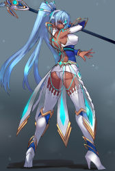 Rule 34 | 1girl, absurdres, arched back, armor, ass, bare shoulders, blue background, blue eyes, blue hair, breasts, closed mouth, commentary, covered erect nipples, dark-skinned female, dark skin, detached sleeves, from behind, full body, glowing, headgear, high heels, highres, large breasts, long hair, looking at viewer, looking back, negresco, nintendo, perun (xenoblade), polearm, ponytail, shiny skin, simple background, solo, spear, standing, thighhighs, weapon, white thighhighs, xenoblade chronicles (series), xenoblade chronicles 2