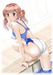 Rule 34 | 1girl, :d, arm support, ass, back, back cutout, barefoot, blunt bangs, breasts, brown eyes, clothing cutout, competition swimsuit, crotch seam, eyebrows, eyelashes, from behind, hair tie, highleg, highleg swimsuit, highres, large breasts, looking at viewer, mashinatsu, one-piece swimsuit, open mouth, original, pool, poolside, red hair, smile, solo, swimsuit, twintails, water, wet