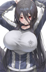 Rule 34 | 1girl, absurdres, black hair, black jacket, blue archive, blush, breasts, gym uniform, hasumi (blue archive), hasumi (track) (blue archive), highres, jacket, koisuke, large breasts, long hair, red eyes, shirt, simple background, solo, white background, white shirt