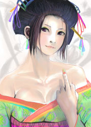 Rule 34 | 1girl, bare shoulders, black hair, breasts, cleavage, earrings, eyeshadow, hair ornament, hair stick, highres, japanese clothes, kimono, kyan-dog, large breasts, lips, makeup, middle finger, nail art, nail polish, original, purple eyes, realistic, solo