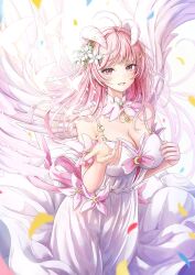 Rule 34 | 1girl, antenna hair, breasts, brooch, cleavage, collarbone, commentary, cowboy shot, crescent, crescent earrings, crest, detached collar, dress, earrings, falling petals, feathered wings, flower, hair flower, hair ornament, highres, horns, jewelry, large breasts, leaning forward, long hair, looking at viewer, original, parted lips, petals, pink eyes, pink hair, solo, spaghetti strap, star brooch, symbol-only commentary, tokeshi, white dress, white flower, white horns, wings