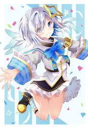Rule 34 | 1girl, absurdres, amane kanata, amane kanata (1st costume), angel, angel wings, armband, blue eyes, blush, bob cut, bow, bowtie, closed mouth, commentary, dress, feathers, frills, full body, grey dress, hair between eyes, halo, hattori 9029, highres, hololive, jumping, leg strap, long sleeves, looking at viewer, medium hair, multicolored hair, outstretched arms, pleated dress, sailor collar, short dress, sidelocks, silver hair, smile, socks, solo, star halo, streaked hair, thighs, virtual youtuber, wide sleeves, wings