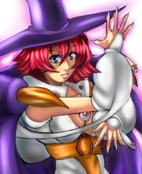 Rule 34 | aqua eyes, blue eyes, bracelet, breasts, capcom, cape, cleavage, dress, fingernails, hat, horns, jewelry, lips, lipstick, lowres, makeup, medium breasts, penzoom, red hair, smile, witch, tabasa, warzard, white dress, witch hat