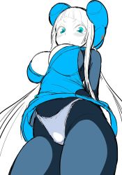 Rule 34 | 1girl, arms behind back, blue eyes, blush, bodysuit, breasts, cleavage, dress, dutch angle, electro emilia, headgear, ken (koala), large breasts, long hair, looking at viewer, looking down, panties, short dress, simple background, skin tight, solo, underwear, white background
