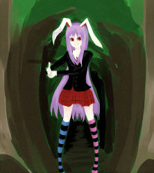 Rule 34 | 1girl, animal ears, asymmetrical legwear, female focus, forest, mismatched legwear, nature, outdoors, plant, rabbit ears, reisen udongein inaba, shinku (insaniti), solo, standing, striped clothes, striped thighhighs, thighhighs, touhou, tree