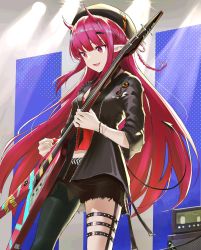 Rule 34 | 1girl, ambience synesthesia, arknights, bad id, bad twitter id, black jacket, black legwear, electric guitar, guitar, hat, highres, instrument, jacket, maho (drmaho1), official alternate costume, pointy ears, red eyes, red hair, vigna (arknights), vigna (black wave) (arknights)